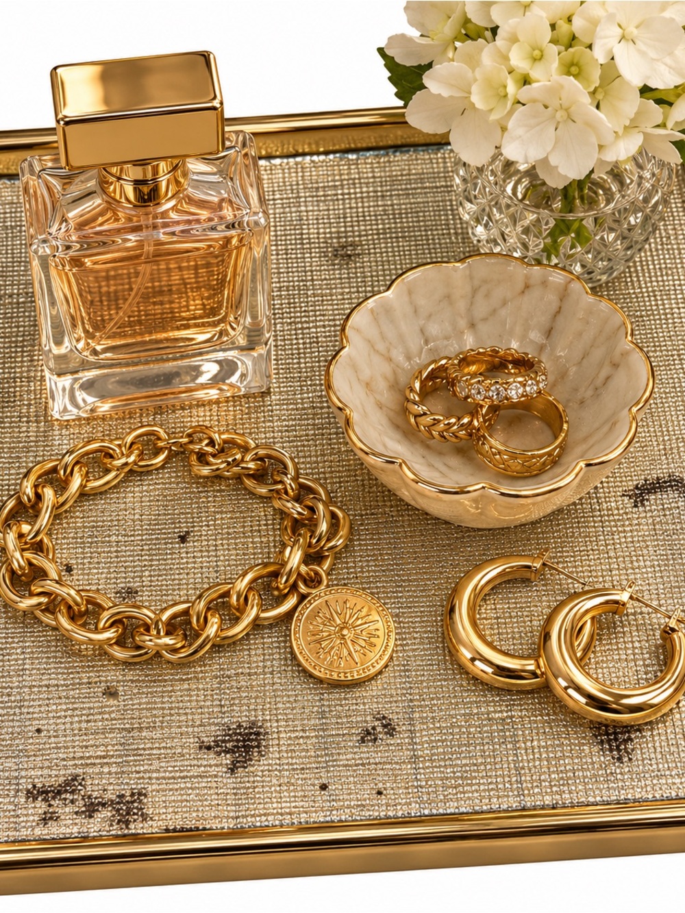 Three Hands Corp Gold Metallic Square Decorative Tray 8” Glam Vanity Catchall